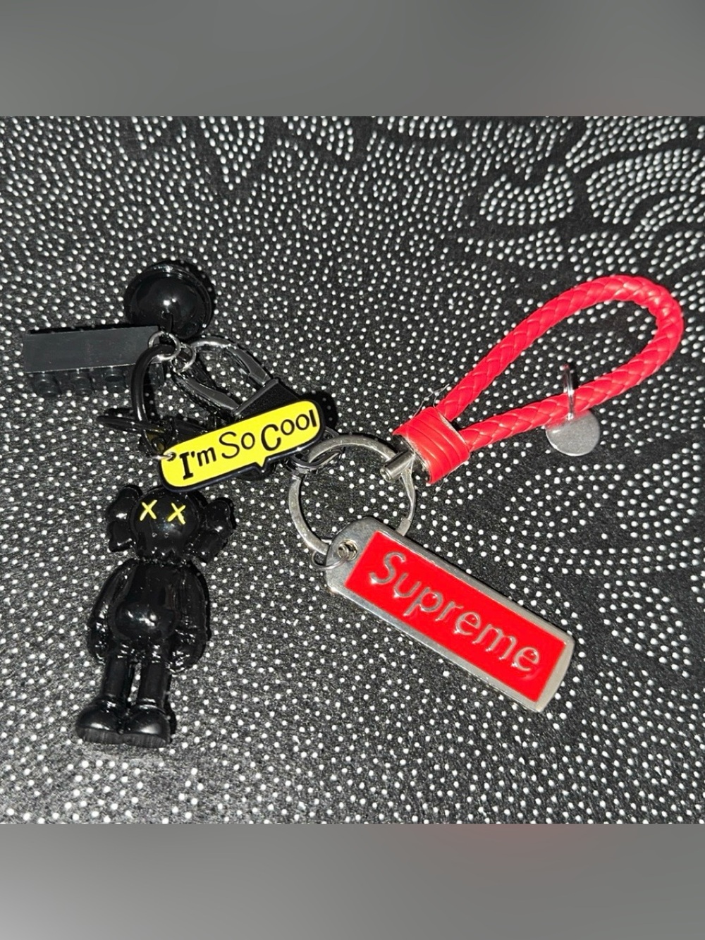 Supreme Red Braided Leather Kids Keychain with Black Character Charm